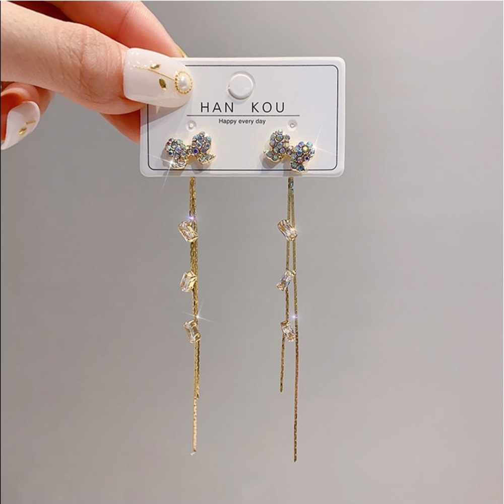 Crystal Bowknot Tassels Stud Drop Dangle Earrings